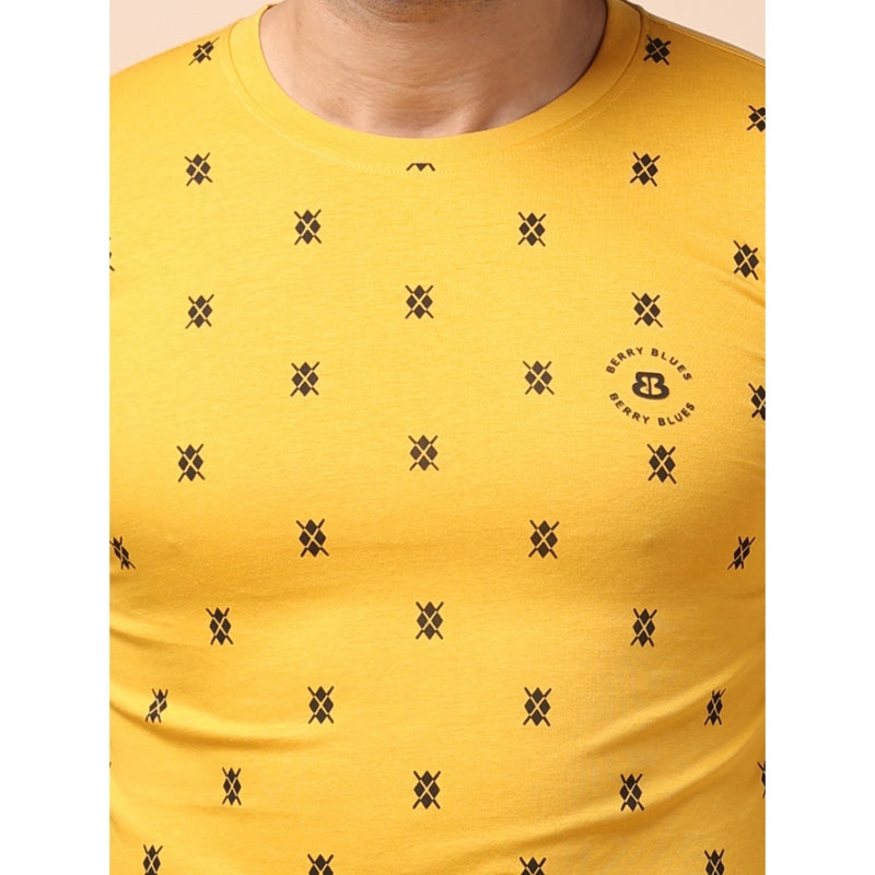 Mayawye Men's Casual Cotton Printed Round Neck Full Sleeve T-Shirt (Mustard)