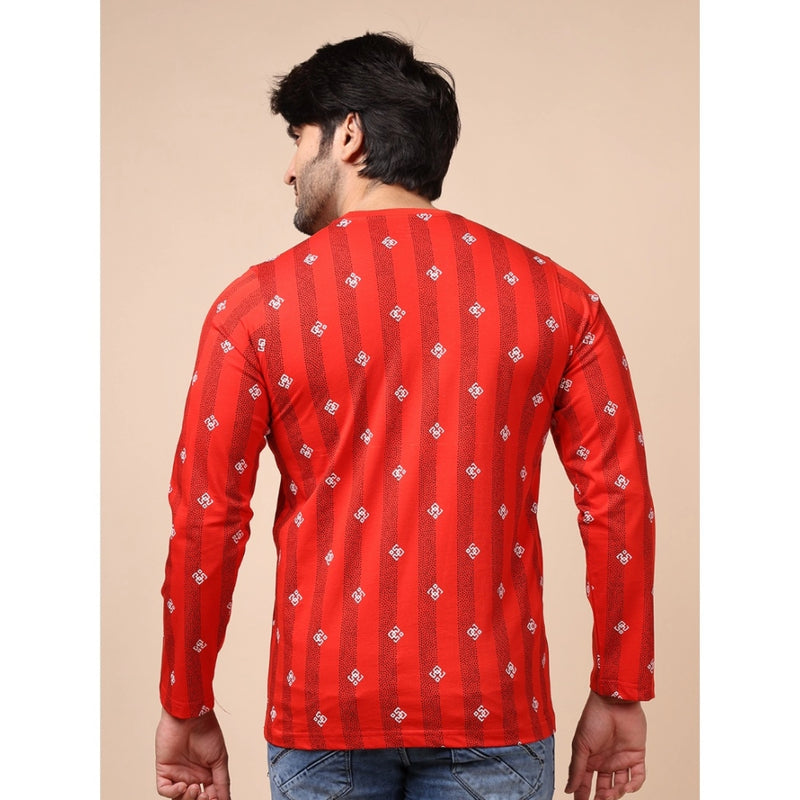 Mayawye Men's Casual Cotton Printed Round Neck Full Sleeve T-Shirt (Red)
