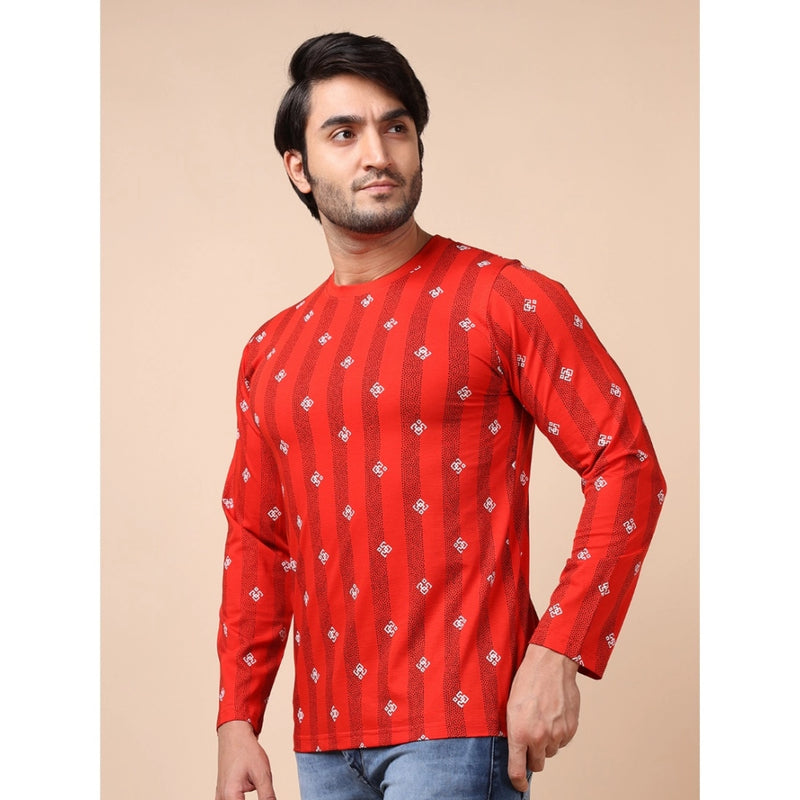Mayawye Men's Casual Cotton Printed Round Neck Full Sleeve T-Shirt (Red)