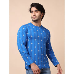 Mayawye Men's Casual Cotton Printed Round Neck Full Sleeve T-Shirt (Blue)