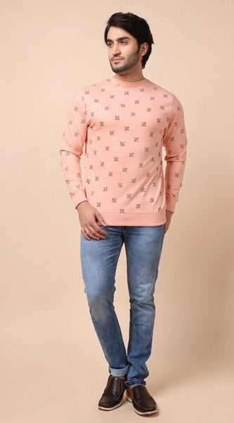 Mayawye Men's Casual Cotton Printed Round Neck Full Sleeve Sweat T-Shirt (Peach)