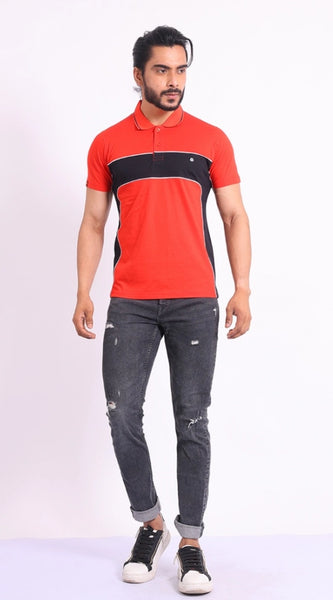 Mayawye Men's Casual Cotton Printed Polo Neck Half Sleeve T-Shirt (Red)