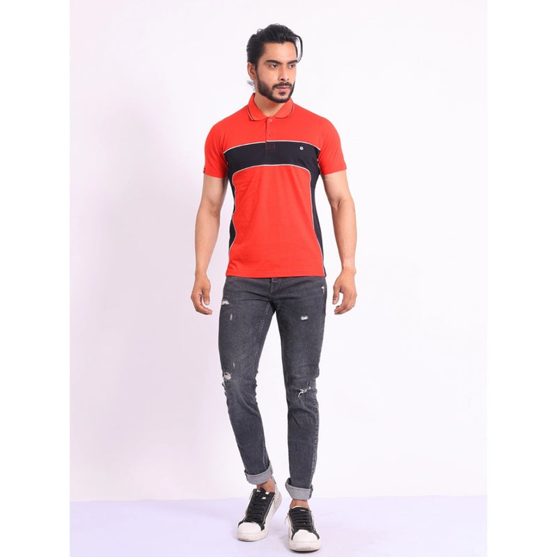 Mayawye Men's Casual Cotton Printed Polo Neck Half Sleeve T-Shirt (Red)