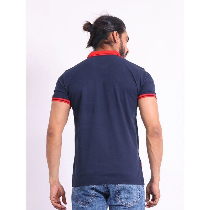 Mayawye Men's Casual Cotton Printed Polo Neck Half Sleeve T-Shirt (Navy)