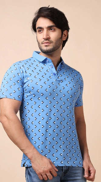 Mayawye Men's Casual Cotton Printed Polo Neck Half Sleeve T-Shirt (Blue)