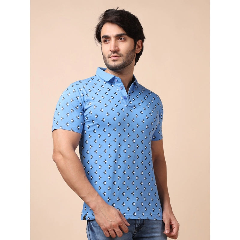 Mayawye Men's Casual Cotton Printed Polo Neck Half Sleeve T-Shirt (Blue)