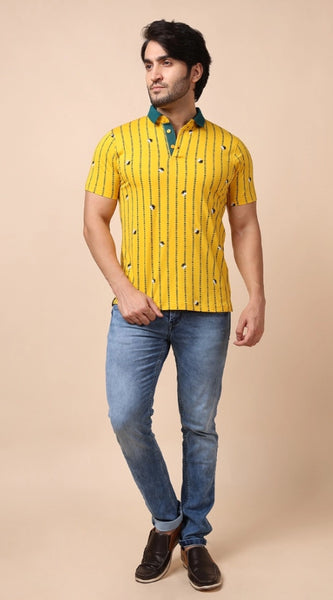 Mayawye Men's Casual Cotton Printed Polo Neck Half Sleeve T-Shirt (Yellow)