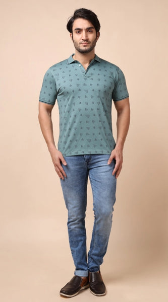 Mayawye Men's Casual Cotton Printed Polo Neck Half Sleeve T-Shirt (Grey)
