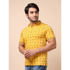 Mayawye Men's Casual Cotton Printed Polo Neck Half Sleeve T-Shirt (Mustard)