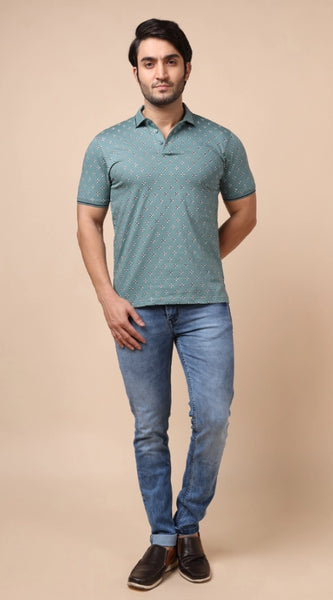 Mayawye Men's Casual Cotton Printed Polo Neck Half Sleeve T-Shirt (Grey)