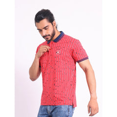 Mayawye Men's Casual Cotton Printed Polo Neck Half Sleeve T-Shirt (Red)