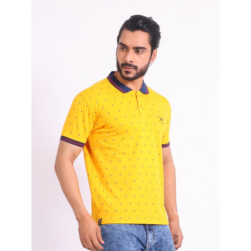 Mayawye Men's Casual Cotton Printed Polo Neck Half Sleeve T-Shirt (Turmeric)
