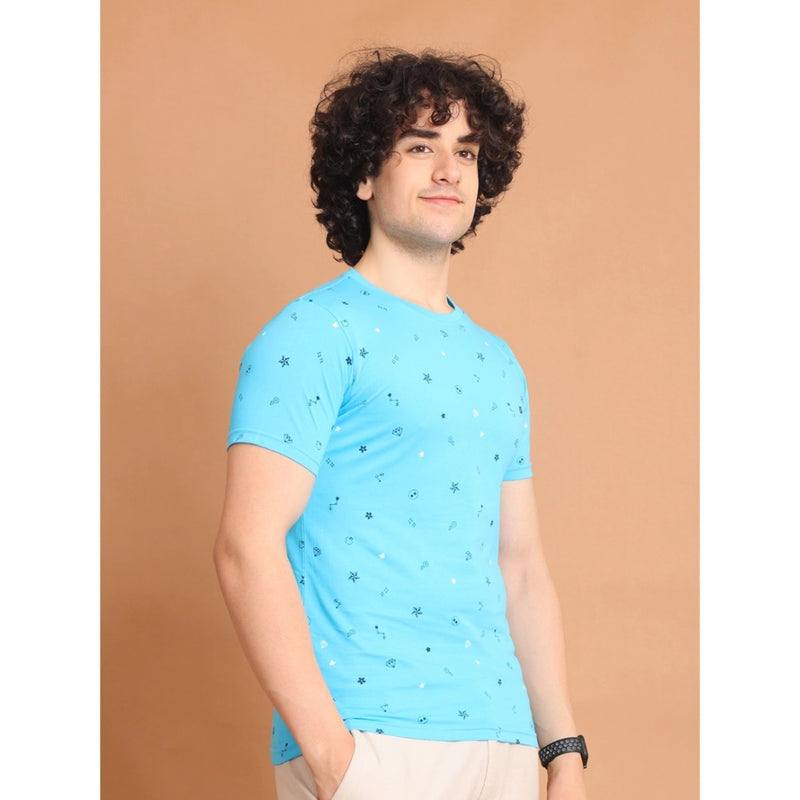 Mayawye Men's Casual Cotton Printed Round Neck Half Sleeve T-Shirt (Skyblue)