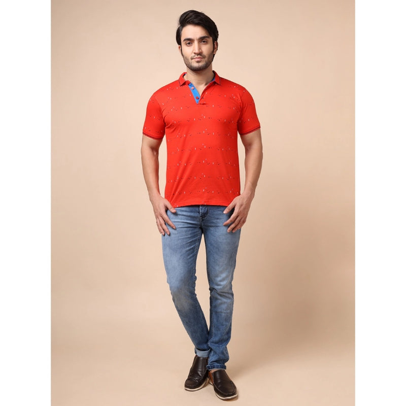 Mayawye Men's Casual Cotton Printed Polo Neck Half Sleeve T-Shirt (Red)