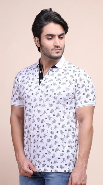 Mayawye Men's Casual Cotton Printed Polo Neck Half Sleeve T-Shirt (White)