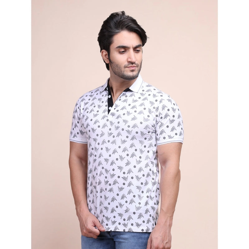 Mayawye Men's Casual Cotton Printed Polo Neck Half Sleeve T-Shirt (White)