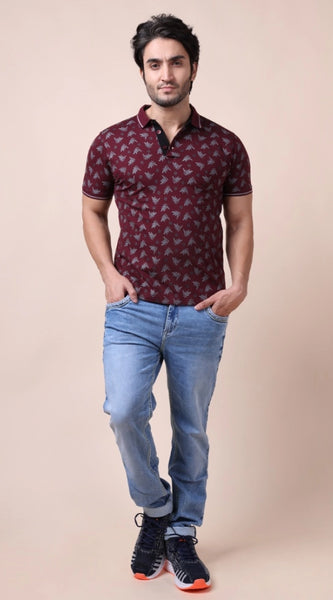 Mayawye Men's Casual Cotton Printed Polo Neck Half Sleeve T-Shirt (Plum)