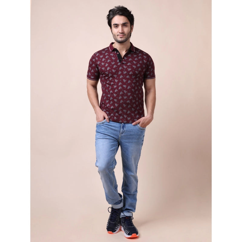Mayawye Men's Casual Cotton Printed Polo Neck Half Sleeve T-Shirt (Plum)