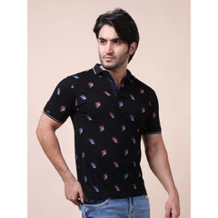 Mayawye Men's Casual Cotton Printed Polo Neck Half Sleeve T-Shirt (Black)