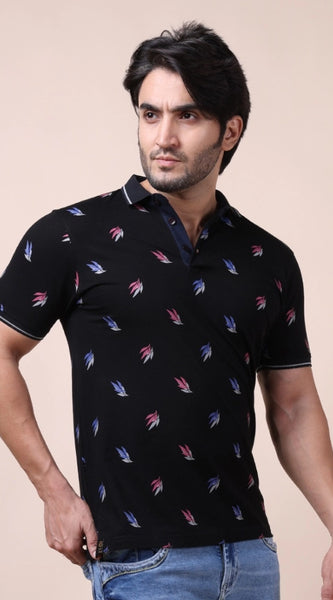 Mayawye Men's Casual Cotton Printed Polo Neck Half Sleeve T-Shirt (Black)