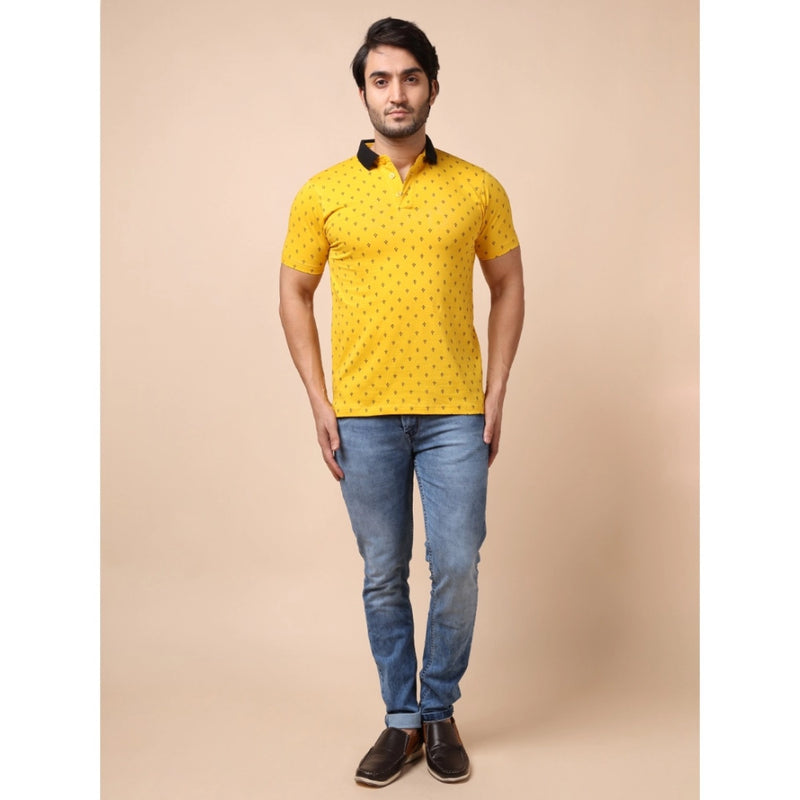Mayawye Men's Casual Cotton Printed Polo Neck Half Sleeve T-Shirt (Yellow)