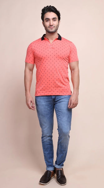Mayawye Men's Casual Cotton Printed Polo Neck Half Sleeve T-Shirt (Red)