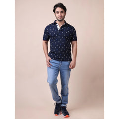 Mayawye Men's Casual Cotton Printed Polo Neck Half Sleeve T-Shirt (Navy)