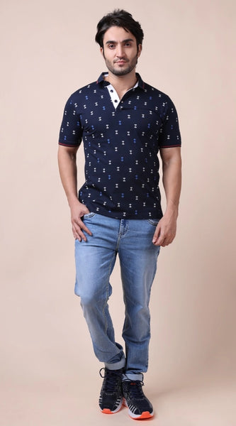 Mayawye Men's Casual Cotton Printed Polo Neck Half Sleeve T-Shirt (Navy)