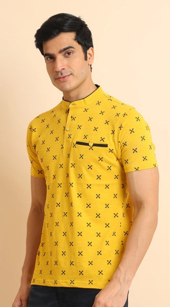 Mayawye Men's Casual Cotton Printed Mandarin Collar Half Sleeve T-Shirt (Mustard)