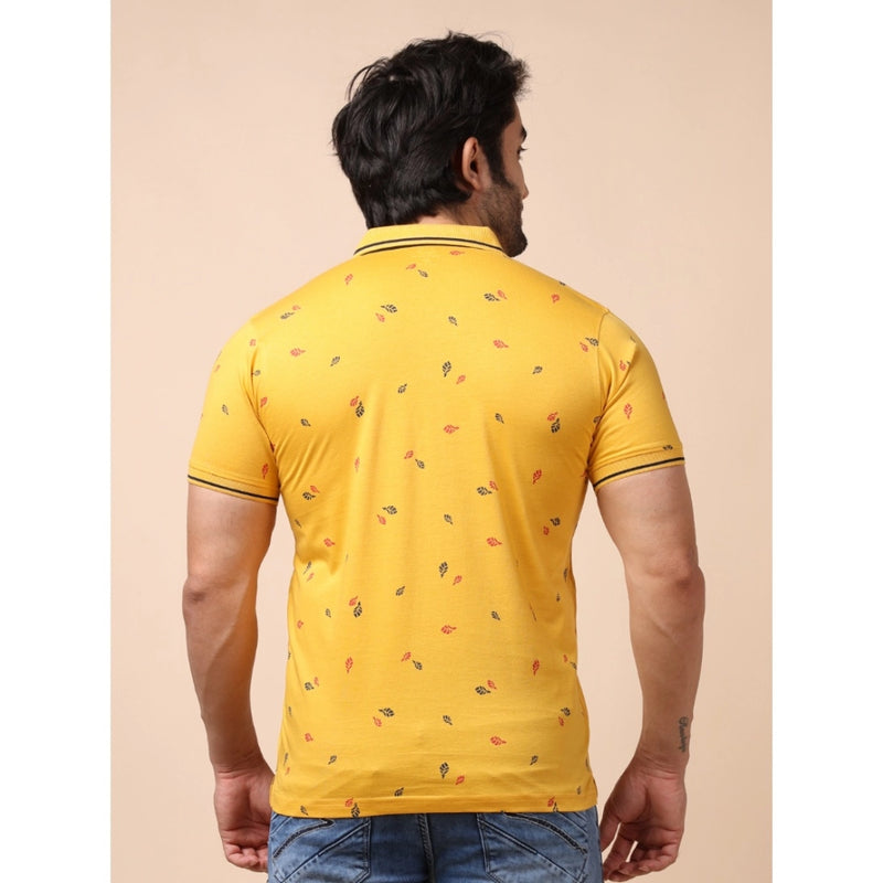 Mayawye Men's Casual Cotton Printed Polo Neck Half Sleeve T-Shirt (Mustard)