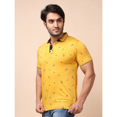 Mayawye Men's Casual Cotton Printed Polo Neck Half Sleeve T-Shirt (Mustard)
