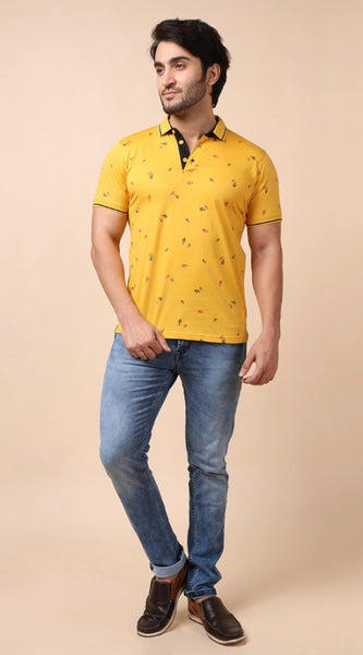 Mayawye Men's Casual Cotton Printed Polo Neck Half Sleeve T-Shirt (Mustard)