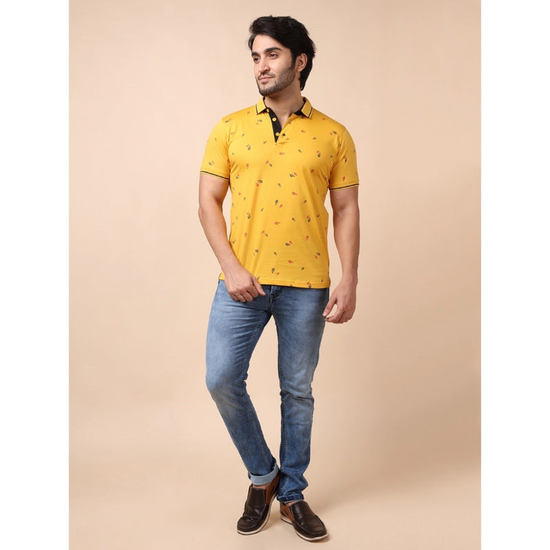 Mayawye Men's Casual Cotton Printed Polo Neck Half Sleeve T-Shirt (Mustard)