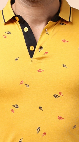 Mayawye Men's Casual Cotton Printed Polo Neck Half Sleeve T-Shirt (Mustard)
