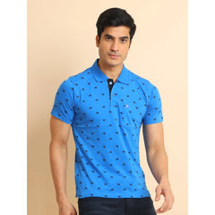 Mayawye Men's Casual Cotton Printed Polo Neck Half Sleeve T-Shirt (Blue)