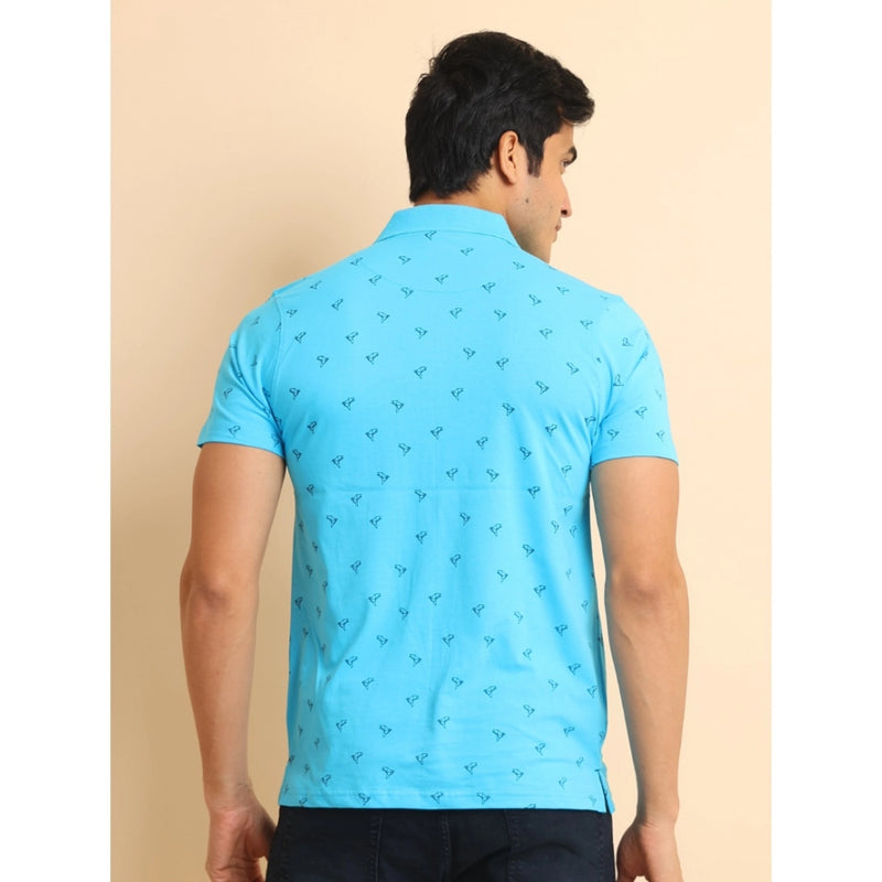 Mayawye Men's Casual Cotton Printed Polo Neck Half Sleeve T-Shirt (Skyblue)