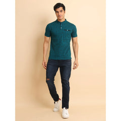 Mayawye Men's Casual Cotton Printed Mandarin Collar Half Sleeve T-Shirt (Green)