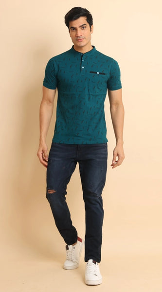 Mayawye Men's Casual Cotton Printed Mandarin Collar Half Sleeve T-Shirt (Green)