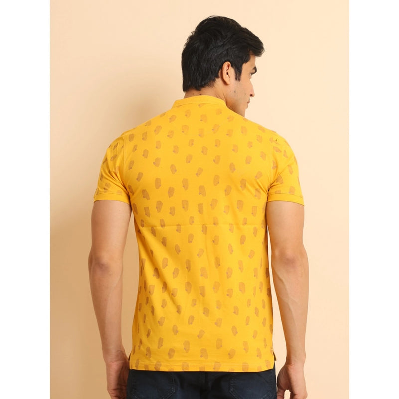 Mayawye Men's Casual Cotton Printed Mandarin Collar Half Sleeve T-Shirt (Mustard)