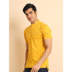 Mayawye Men's Casual Cotton Printed Mandarin Collar Half Sleeve T-Shirt (Mustard)