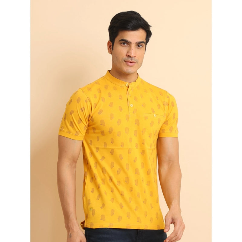 Mayawye Men's Casual Cotton Printed Mandarin Collar Half Sleeve T-Shirt (Mustard)