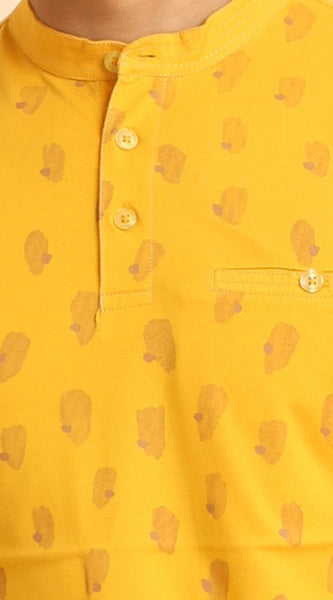 Mayawye Men's Casual Cotton Printed Mandarin Collar Half Sleeve T-Shirt (Mustard)