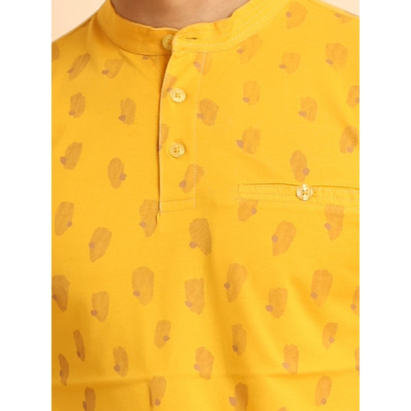 Mayawye Men's Casual Cotton Printed Mandarin Collar Half Sleeve T-Shirt (Mustard)