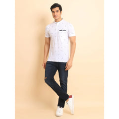 Mayawye Men's Casual Cotton Printed Mandarin Collar Half Sleeve T-Shirt (White)