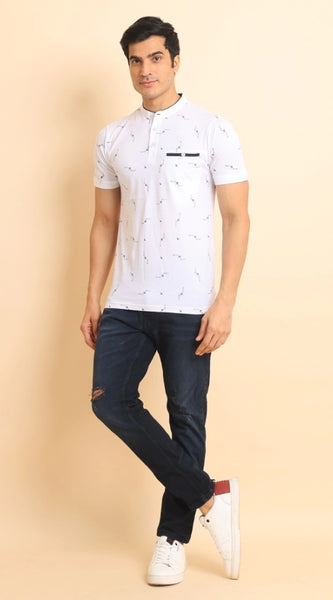 Mayawye Men's Casual Cotton Printed Mandarin Collar Half Sleeve T-Shirt (White)