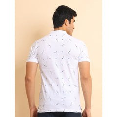 Mayawye Men's Casual Cotton Printed Mandarin Collar Half Sleeve T-Shirt (White)
