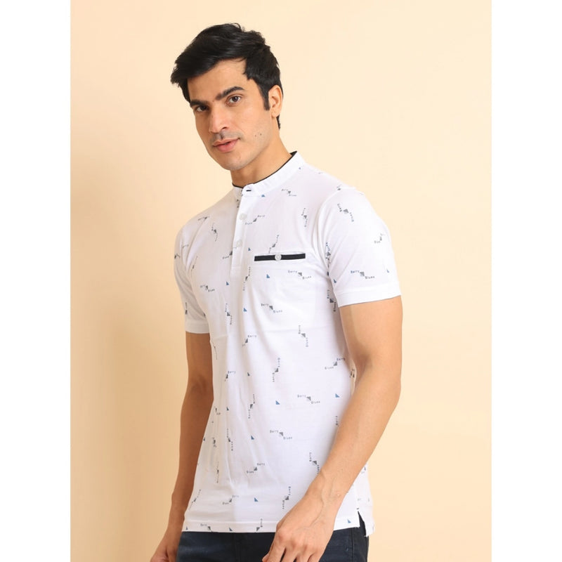Mayawye Men's Casual Cotton Printed Mandarin Collar Half Sleeve T-Shirt (White)