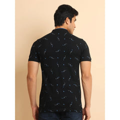 Mayawye Men's Casual Cotton Printed Mandarin Collar Half Sleeve T-Shirt (Navy)