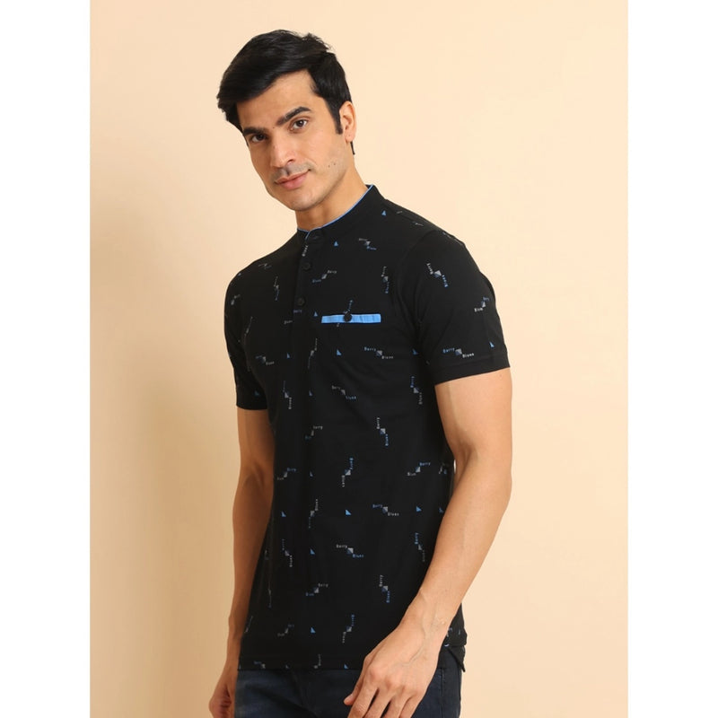 Mayawye Men's Casual Cotton Printed Mandarin Collar Half Sleeve T-Shirt (Navy)