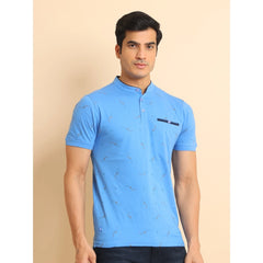 Mayawye Men's Casual Cotton Printed Mandarin Collar Half Sleeve T-Shirt (LightBlue)